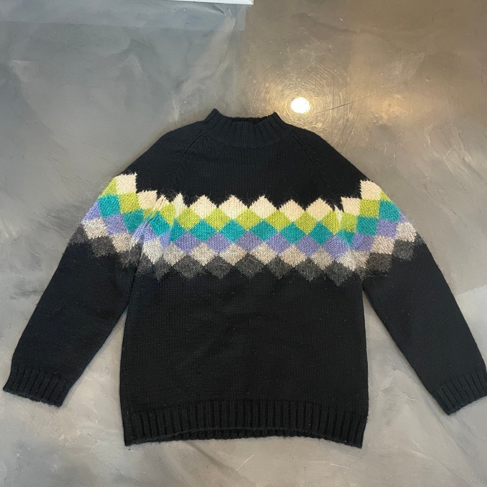 Talbots Women Wool Mohair Blend Fair Isle Mock Neck Sweater L Black Multi Chunky